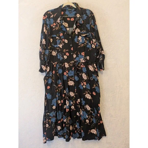 Torrid Floral Button Front Midi Shirt Dress Black Blue Pink Plus Size 1 - Picture 1 of 10